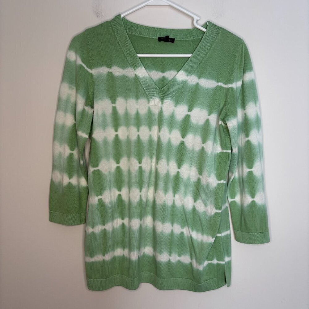 TALBOTS 3/4 Sleeve TieDye VNeck Sweater Women S Green White Knit Ribbed Hem Cuff